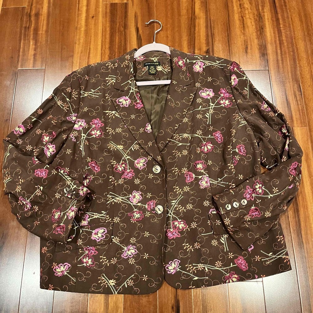 Grace Dane Lewis Brown Blazer Jacket Silk‎ Linen Floral Embroidered Size 24W